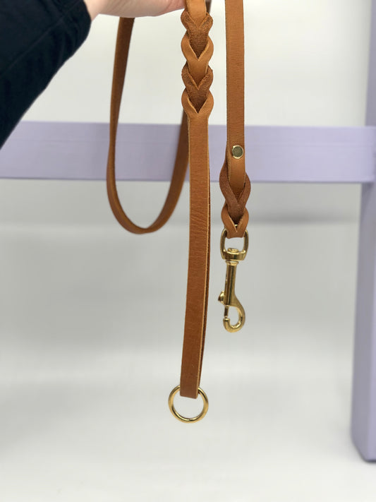 Fettleder Führleine mit Handschaufe Cognac